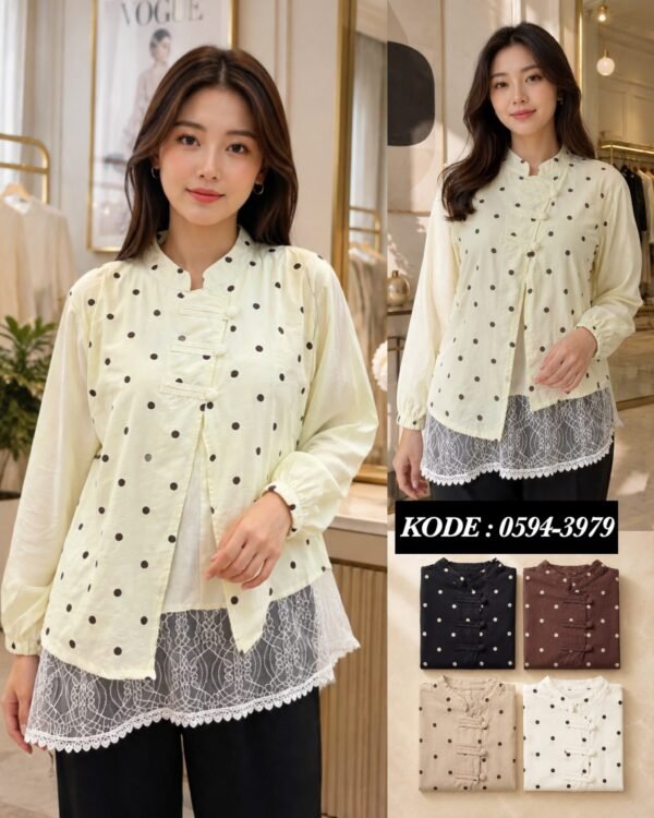 Atasan Cheongsam Polkadot Lace Kombinasi Brukat