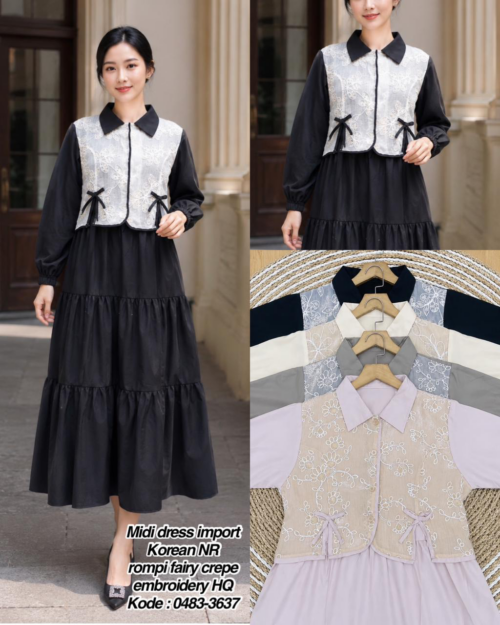 Midi Dress Import Korean Style + Rompi Fairy Crepe Embroidery
