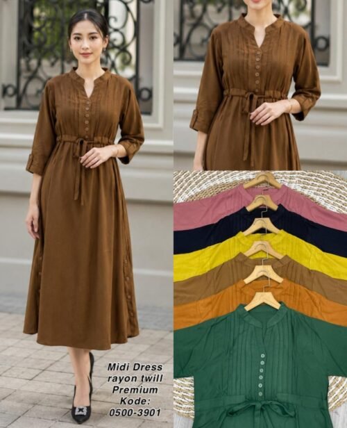 Midi Dress Rayon Twill Premium V-Neck Lipit / Plisket