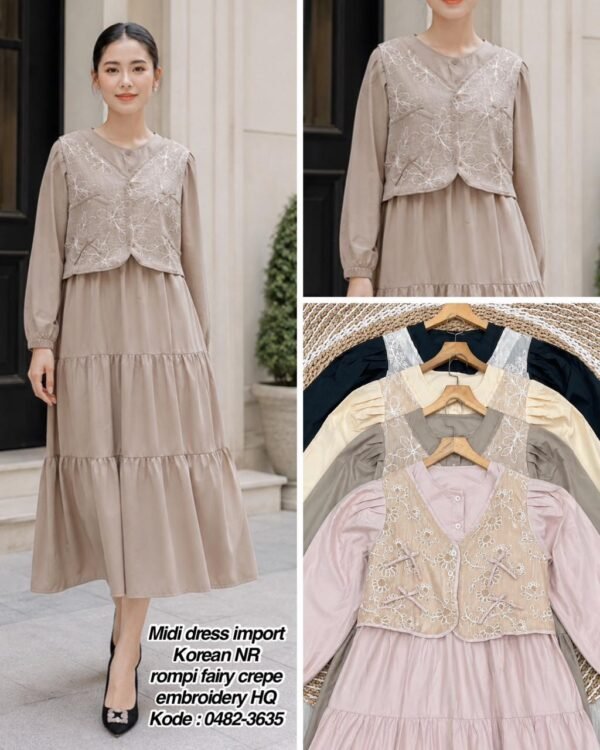 0482a midi dress bahan import korean nr rompi fairy crepe /0482