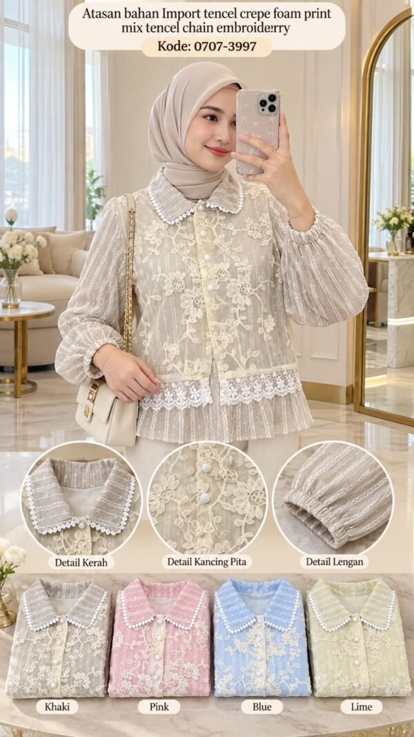 atasan bahan import tencel crepe foam print mix tencel chain emroiderry