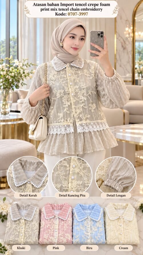 atasan bahan import tencel crepe foam print mix tencel chain emroiderry